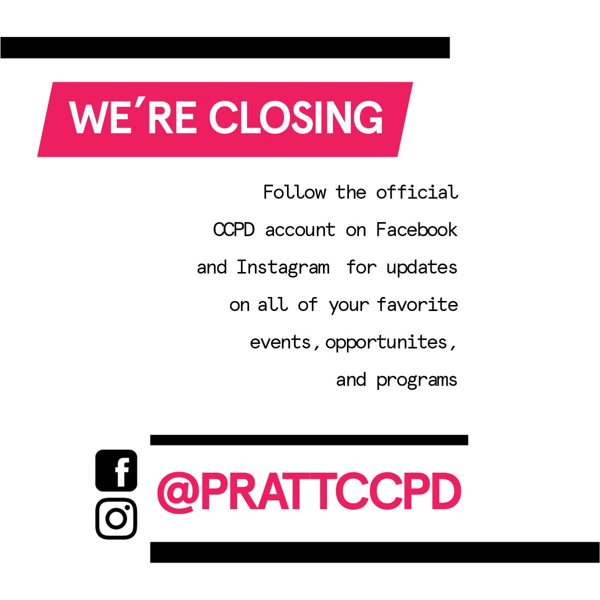 PrattSuccess's tweet photo. For con'td info on CCPD events &amp; opportunities, follow our IG and FB pages @ prattccpd. This twitter account is going to be deactivated on 3/12/18. https://t.co/9ak1YbUH7H