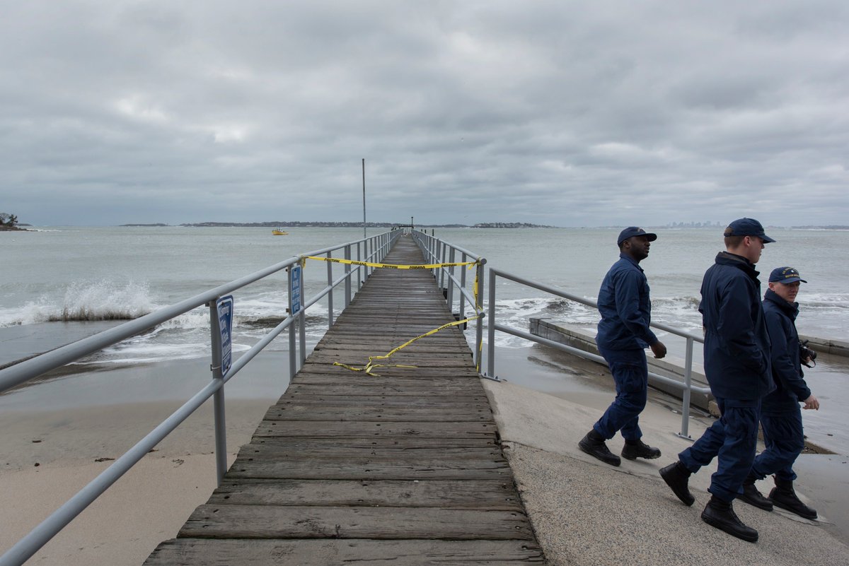 jodi_mohrmann's tweet photo. Members of #USCG Sector Boston are assessing the shoreline today after this weekend's powerful nor’easter created #StormSurge pushing sand into the streets, and caused damage to ramps, docks & other infrastructure #noreaster #CoastGuard #SectorBoston @USCG #Storm #Damage https://t.co/dQIAvgtIUI