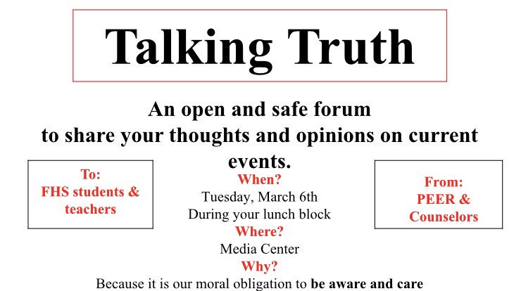 FreedomPEER's tweet photo. Come tomorrow, March 6th to the Media Center to discuss your thoughts and opinions on current events with other Freedom students! Everyone is welcome, bring your brown back lunch!! https://t.co/FVPG2CtSir