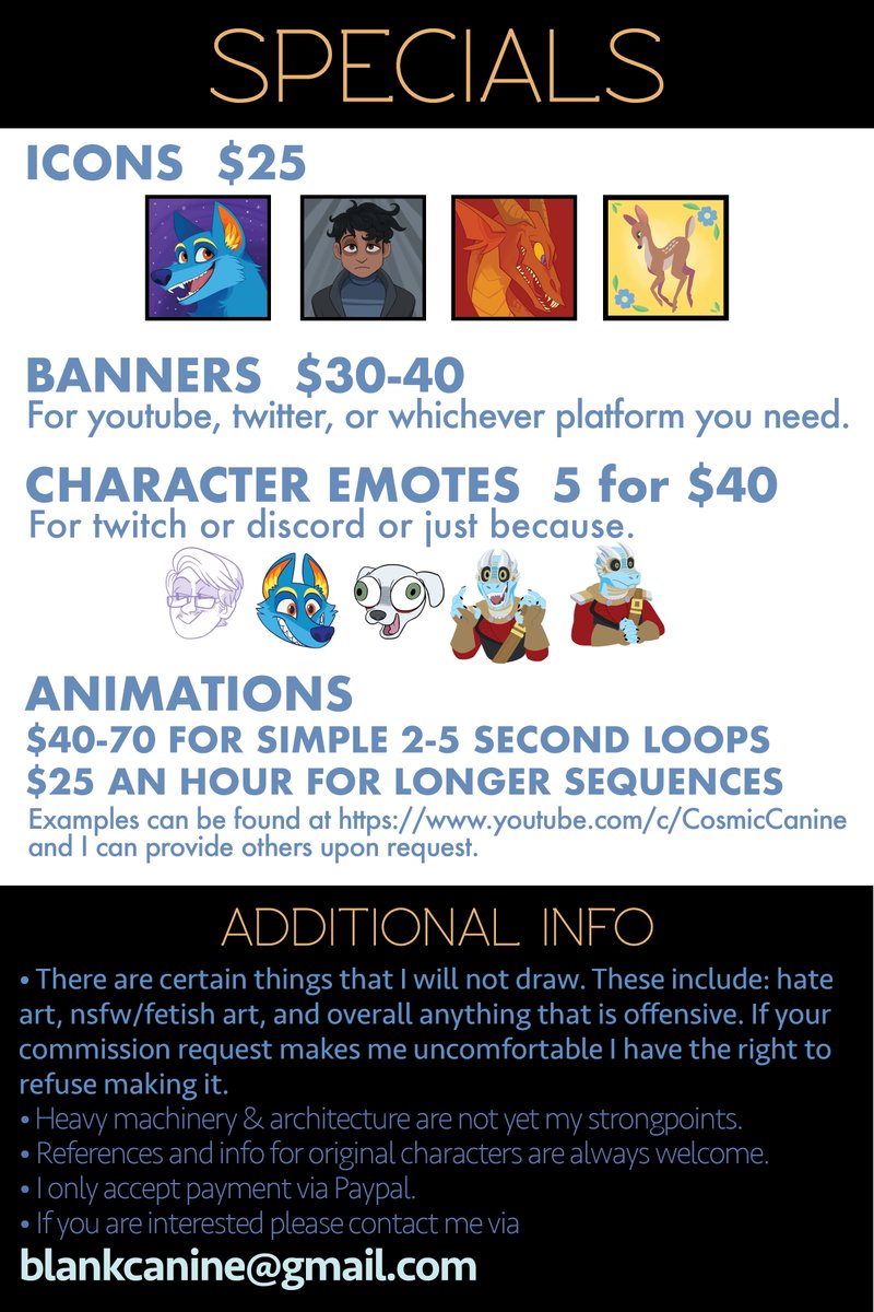 Got around to updating my commission prices, along with some new stuff listed too! Retweets are greatly appreciated 💙