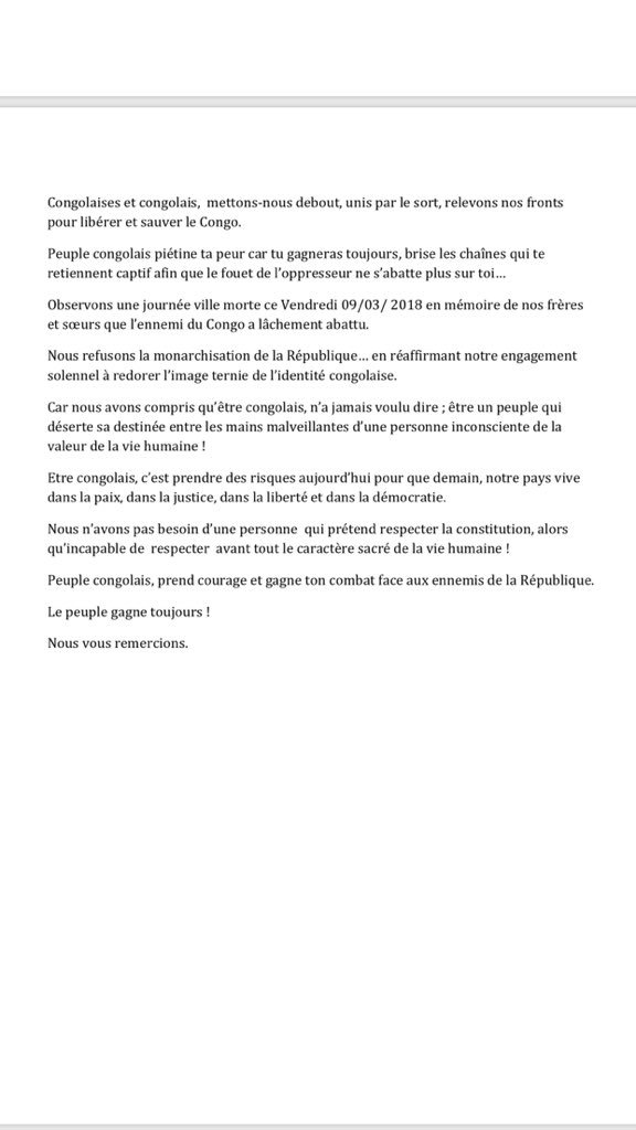 Meurtre de #RossyMukendi, #EricBoloko, #ThereseKapangala &amp; Cie: Journée villes-mortes sur toute l’étendue de la #RDC le vendredi 9 mars 2018 pour dénoncer la répression du régime #Kabila. Ce mardi 6 mars à 16h, messe d’action de grâce à la paroisse où Rossy a été tué.