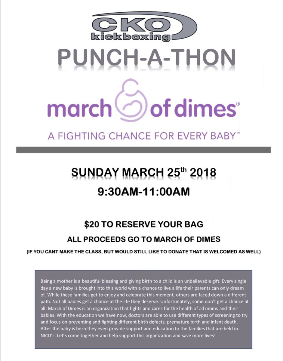 CKO_KOP's tweet photo. Join Us Sunday March 25th 2018 from 9:30am-11:00am for a PUNCH-A-THON. $20 to reserve your bag! All proceeds will go to March of Dimes. We will punch and kick ours bags and donate our time to help save lives of innocent babies. Let's join together to help support these families! https://t.co/QC6nW5MGph