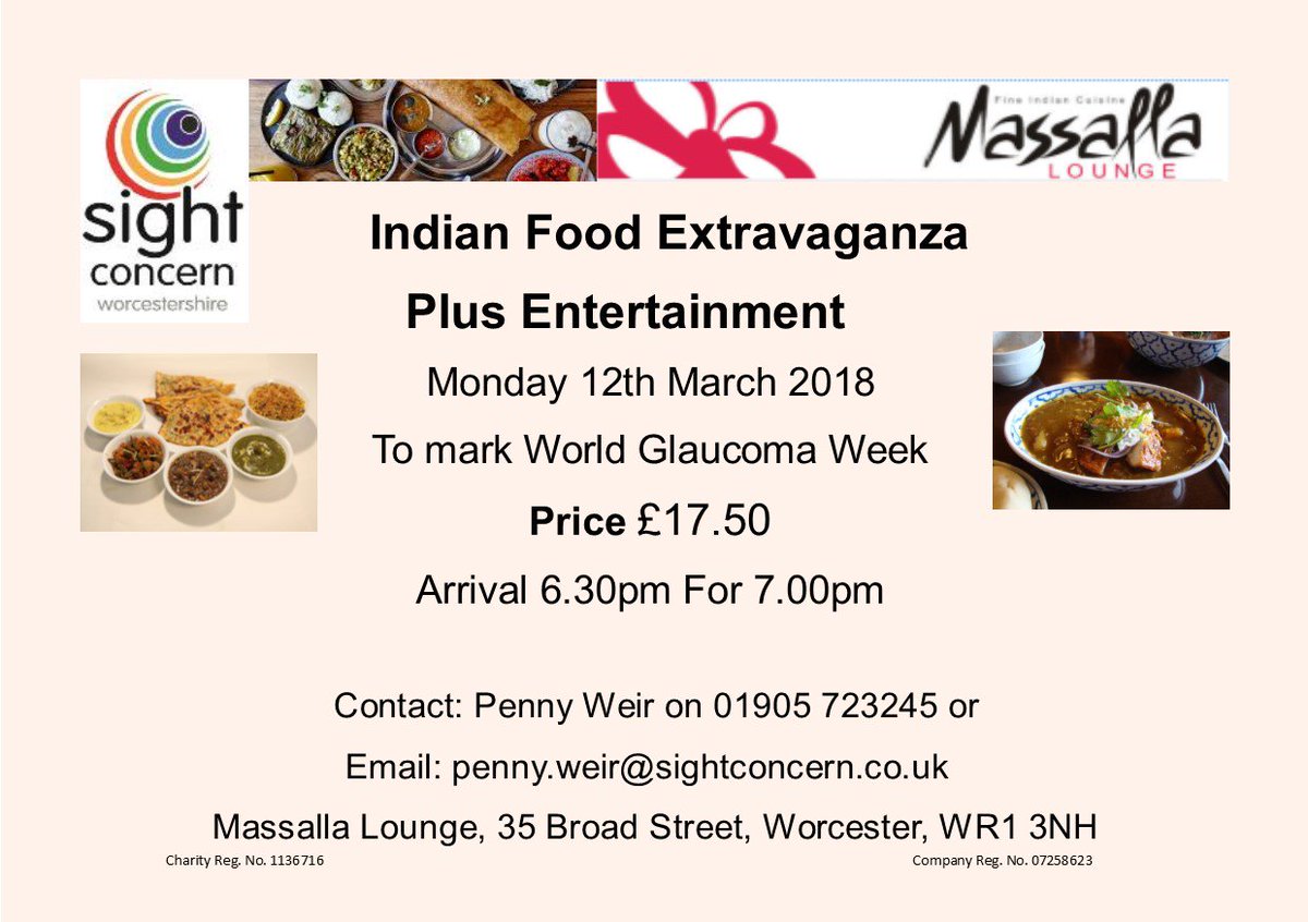 #WorcestershireHour Join us for an evening of curry and entertainment at the Massalla Lounge in Worcester on Mon 12 March. 4 courses and entertainment to mark World #Glaucoma Week <a href="/MassallaLounge/">MassallaLounge</a> <a href="/DisSportWorcs/">Dis Sport Worcester</a> <a href="/WorcsAcuteNHS/">Worcestershire Acute NHS</a> <a href="/newcollworc/">NCW</a> Contact p.weir@sightconcern.co.uk