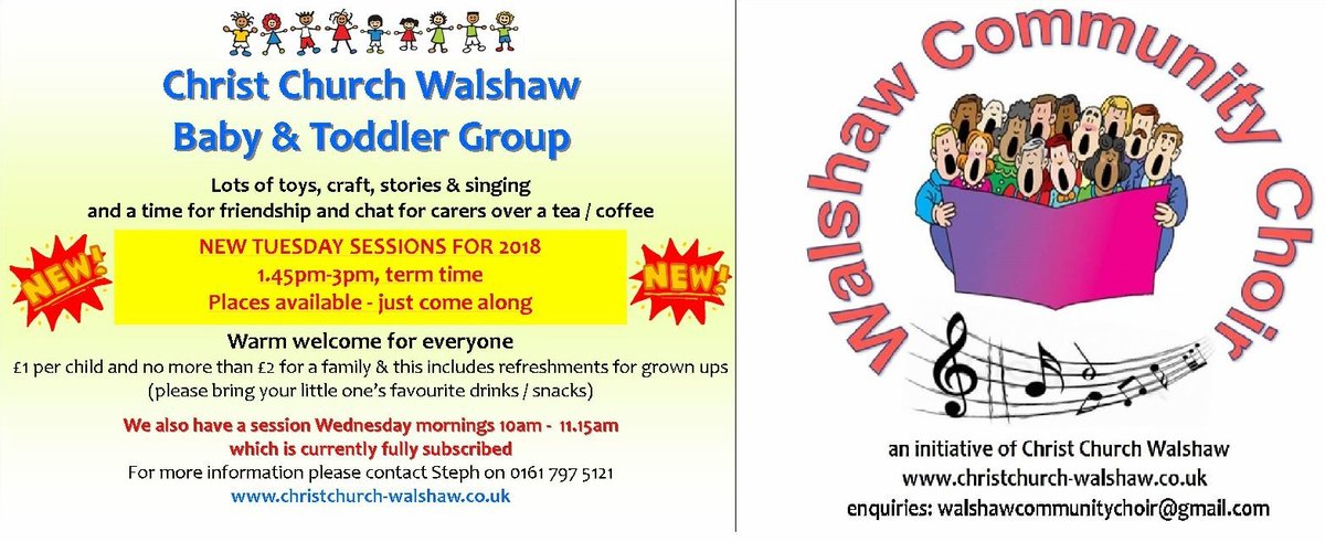 WalshawChurch's tweet photo. After a false start last week 'cause of the weather Christ Church #Walshaw #BABY &amp; #TODDLER GROUP (Tuesday afternoon &amp; Wednesday morning) and WALSHAW COMMUNITY #CHOIR (Wednesday evening) will be back again this week. more can be found on our website: https://t.co/sdJrl7t4Tb #Bury https://t.co/9qf731TT8g