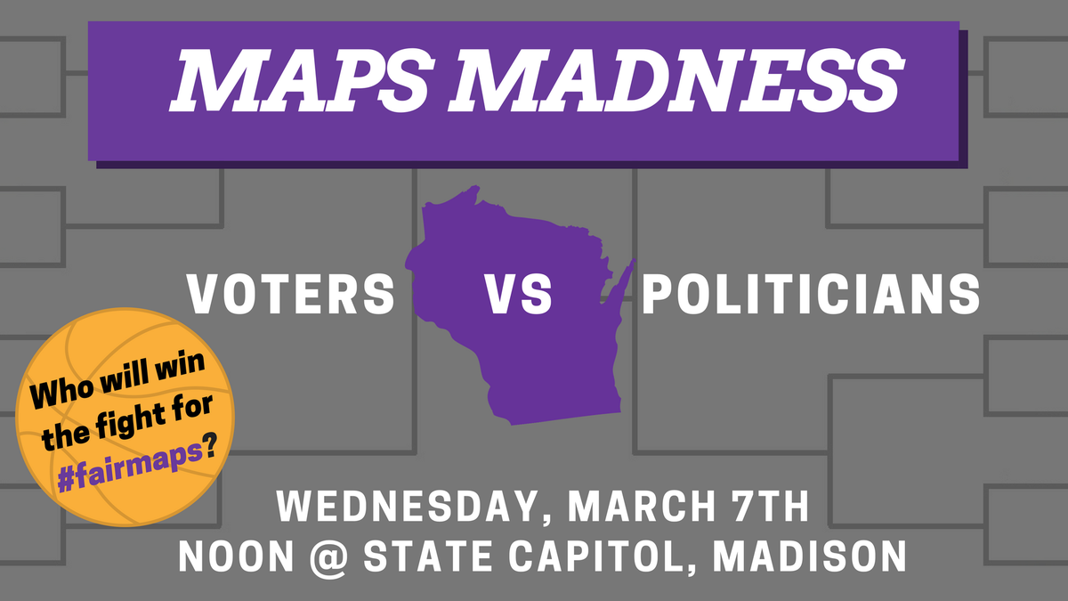 WisDemocracy's tweet photo. To illustrate how unfair the gerrymandered maps are in Wisconsin, there will be a rigged “People vs. Politicians” basketball game outside of the State Capitol at the State St. doors at 12:30 p.m. this Wednesday, March 7. #fairmaps #MapsMadness https://t.co/wx4J2HemZv