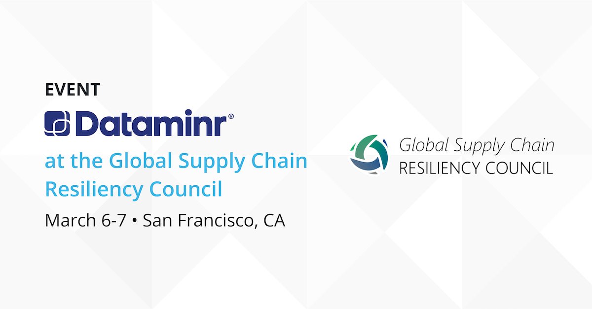 Dataminr's tweet photo. Our team is excited to be at the Global Supply Chain Resiliency Council's #Resiliency2018 conference this week to discuss the evolving #supplychain risk landscape. @SCResiliency #GSCRC #riskmanagement https://t.co/YgpscFLvg8