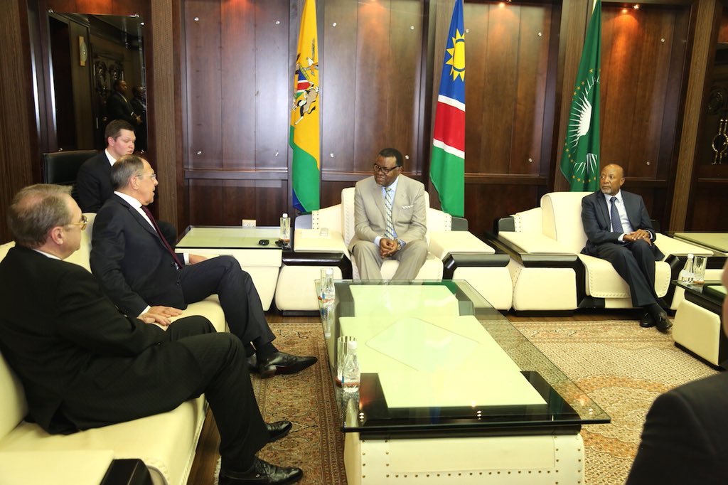 NamPresidency's tweet photo. Foreign Minister of the Russian Federation, Sergey Lavrov pays a courtesy on President Hage G. Geingob. Emphasizing trade and investment, President Geingob recounted Russia’s support for Namibian independence. https://t.co/f6F489y1ls