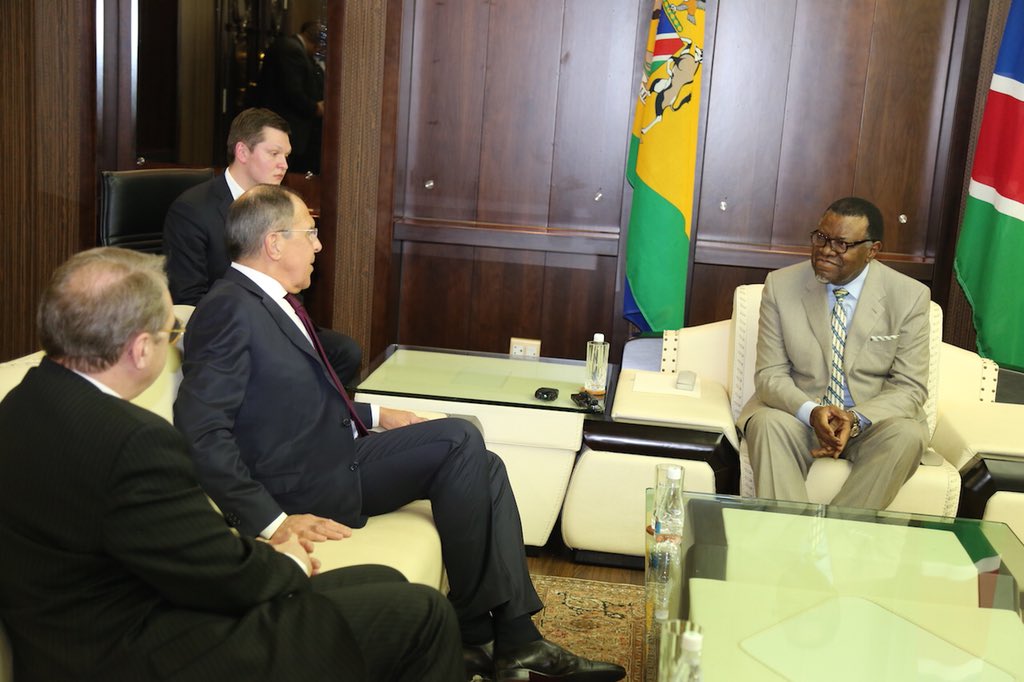 NamPresidency's tweet photo. Foreign Minister of the Russian Federation, Sergey Lavrov pays a courtesy on President Hage G. Geingob. Emphasizing trade and investment, President Geingob recounted Russia’s support for Namibian independence. https://t.co/f6F489y1ls