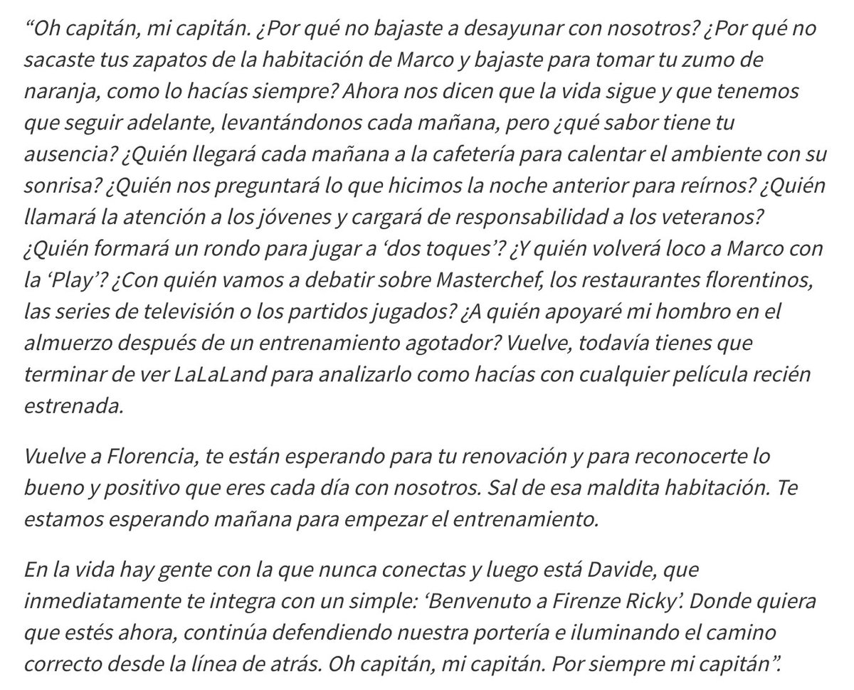 _cristinabea's tweet photo. Piel de gallina con este mensaje de despedida de Saponara, jugador de la Fiorentina, a su capitán Davide Astori. La recoge traducida el @diarioas. "Capitán, sal de esa maldita habitación". https://t.co/nGRSTAtGfJ
