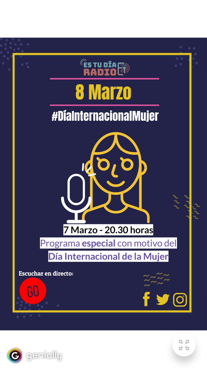 El miércoles nos escuchamos en el programa especial de <a href="/estudiaRadio/">Es Tu Día Radio 🎙📻</a> por el #DíaInternacionalDeLaMujer Comenta a través de #EsTuDiaChat 📣 Esta semana nos acompaña un colaborador de lavozeducativa.com ¿Quién será?😱 <a href="/Frangrima/">Fran Grima Botella</a> <a href="/mariinnaa10/">Marina Muñoz</a> <a href="/Amanda_DelgadoM/">Amanda Delgado</a> #radioeducativa