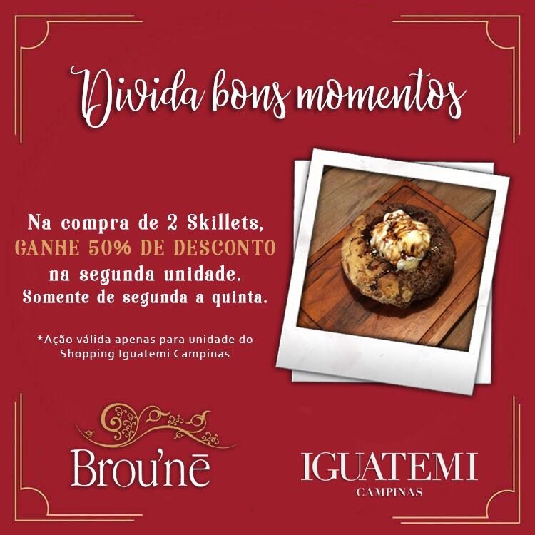 Você tem mais um ótimo motivo para COMPARTILHAR bons momentos! 💕 Comprando 2 skillets, o segundo sai pela METADE DO PREÇO! 🤩 Suas pausas de segunda a quinta, aqui, no #BrouneBrasil, agora são duas vezes mais gostosas. #skillet #dessert