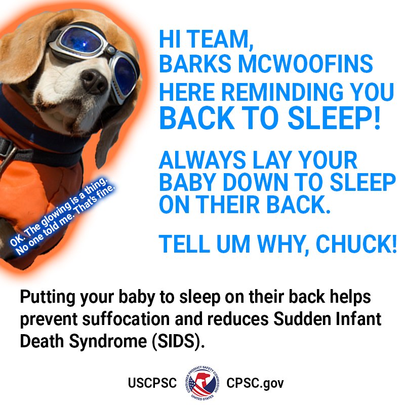 A glowing dog in the corner named Barks McWoofins looking at you. They say, "Hi Team, Barks McWoofins here reminding you Back To Sleep! Always lay you baby down to sleep on their back. Putting you baby to sleep on their back helps prevent suffocation and reduces Sudden Infant Death Syndrome (SIDS).