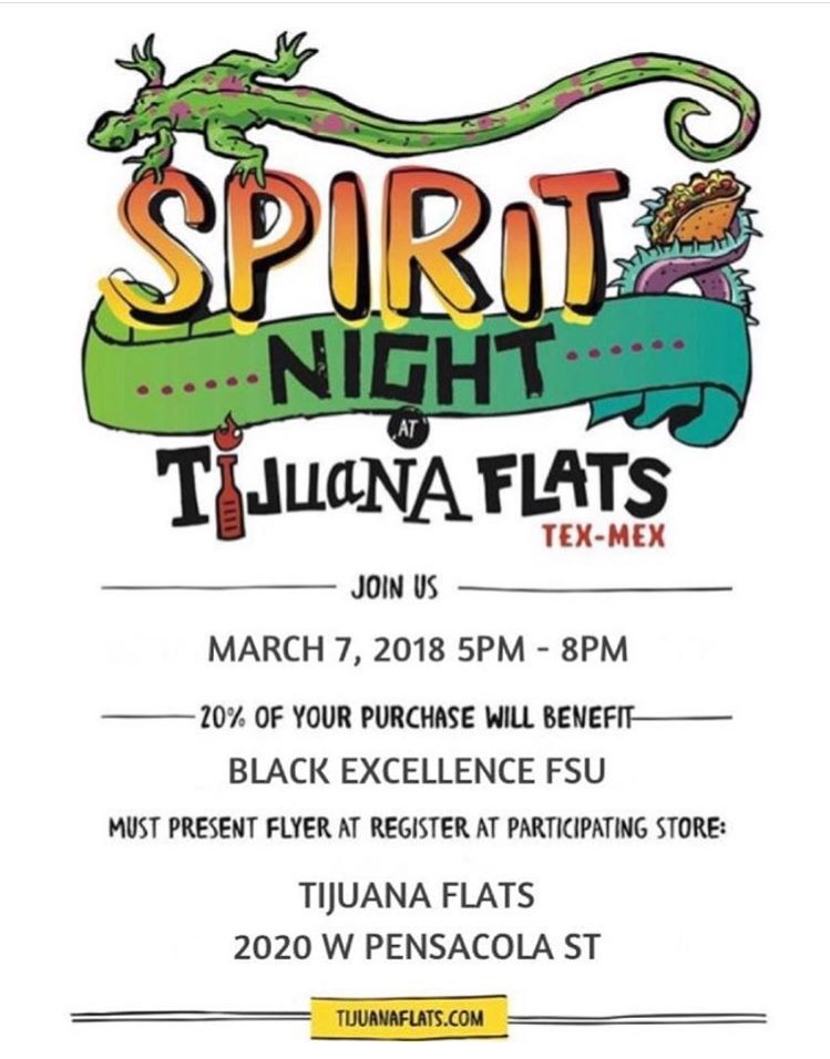 benewsfsu's tweet photo. Come out to support and dine with BEFSU on March 7th at Tijuana Flats 🌮🌯🥙on 2020 W Pensacola Street. Be sure to present this flyer or mention our name at check out. See you there!
#FSU #BEFSU #BlackExcellence https://t.co/hUKbo5JyfH