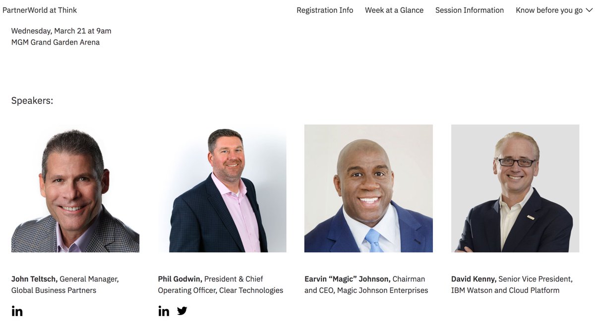 cleartechit's tweet photo. Looks like the @IBM Partnerworld  @ibmthink will feature some big time speakers such as IBM GM @johnteltsch, @MagicJohnson, &amp; @cleartechit's own @phil_vsi! https://t.co/KZU3Gf3SvF #THINK2018 https://t.co/8HjR3DwWGc