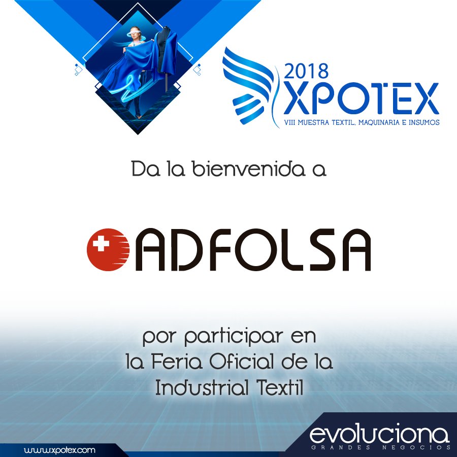 XpotexEcuador's tweet photo. Damos la bienvenida a Adfolsa por participar en la Feria Oficial de la Industria Textil #XPOTEX 2018.

Para más información sobre nuestro expositor ingrese a su 
sitio web: https://t.co/Td8UwepP85

@capeipi_ec @CAPEIPI_ #Evoluciona #CentrodeExposicionesQuito https://t.co/7IYCSb1zHS