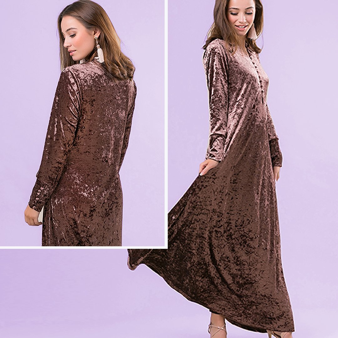 The velvet Ania Maxi dress in mink, this classic design is also available in black.