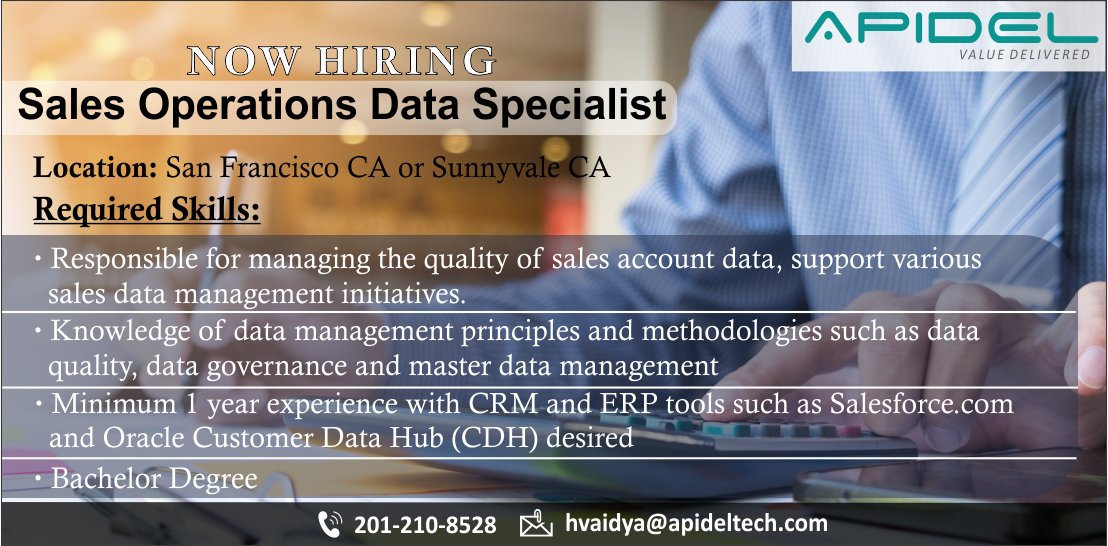 ApidelTech's tweet photo. @ApidelTech is hiring for the role of Sales Operations Data Specialist for San Francisco, CA / Sunnyvale, CA location(s). Email your profiles to hvaidya@apideltech.com or call on 201-210-8528 for details.#Salesjobs #Salessupportjobs #salesforce #apideljobs, #Dataspecialistjobs https://t.co/h6nO1k9Kx7