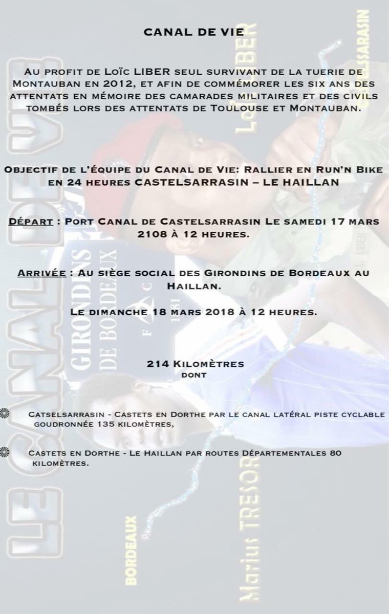 claireparisjazz's tweet photo. 📢🇫🇷📢🇫🇷  #HonneurANosSoldats
   Défi au profit de Loïc Liber seul survivant tuerie #Toulouse 2012   . kiki #Bermont 👍
👉Run’n bike 214 kms 17/18 mars #CastelSararasin #Bordeaux ( arrivée 18 mars 11h30 aux @girondins au Haillan) #CanalDeVie @LaCABAT https://t.co/S9vcuVskYd