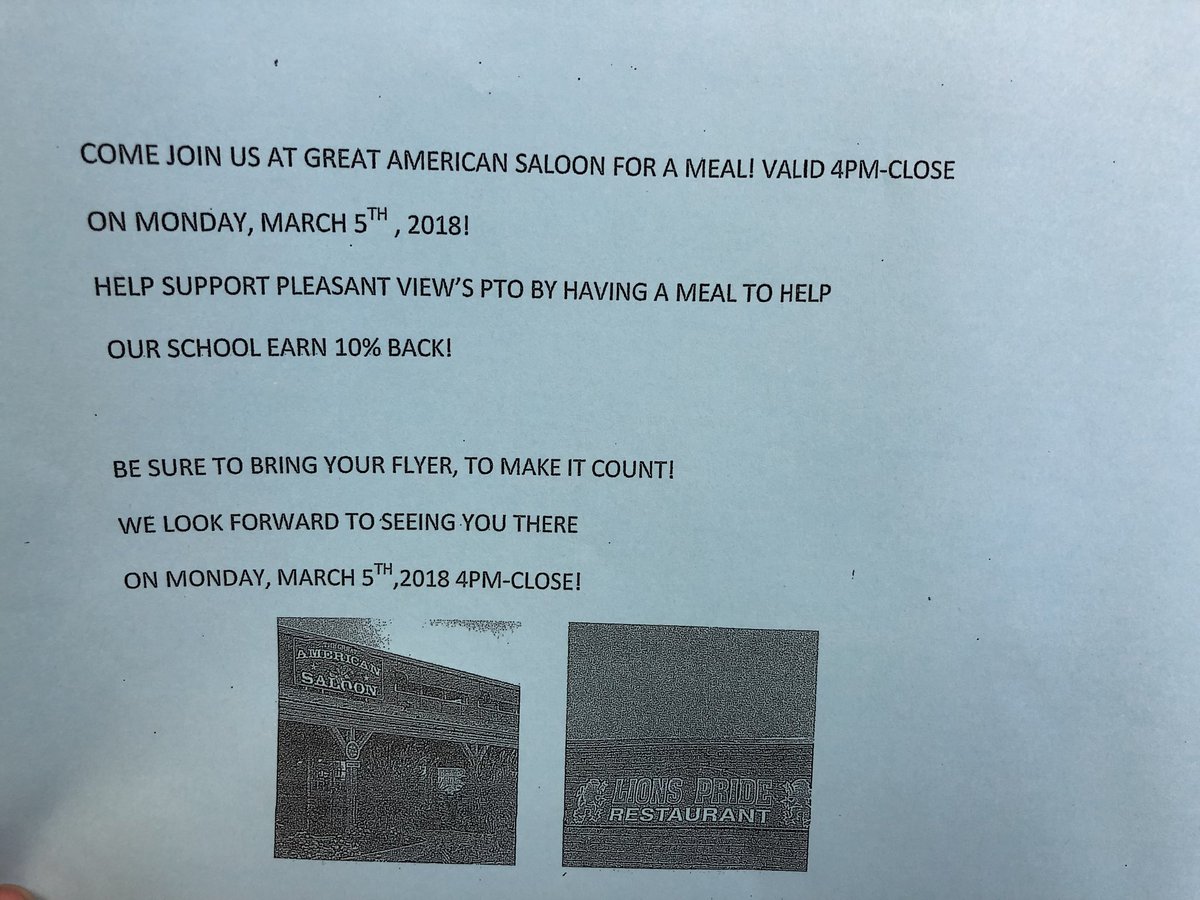 Mrs_Hopple's tweet photo. Enjoy a meal at the Great American Saloon tonight to help us raise money for school activities. https://t.co/KwuYuAE48F