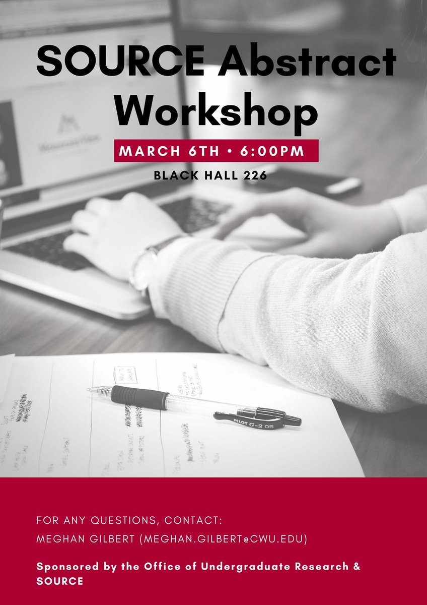 CWUSOURCE's tweet photo. The SOURCE Abstract Workshop will be held tomorrow at 6 p.m. in Black Hall 226. We would love to see you there!
#CWU #CWUSOURCE2018 #Abstracts https://t.co/Ptb7VpNJHU