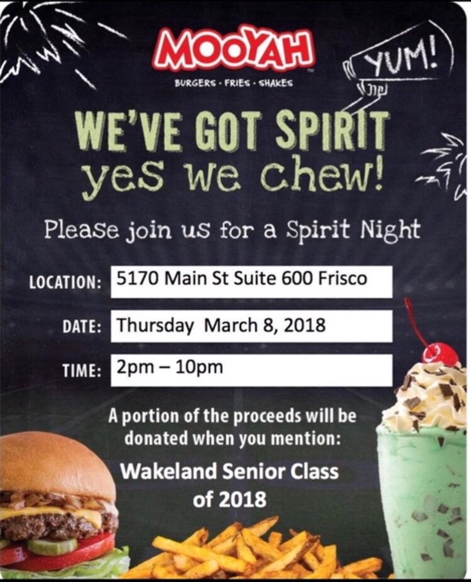 WakelandHS's tweet photo. Come support the WHS Senior Class at Mooyah Thursday, March 8th from 2PM- 10PM https://t.co/kAEDWn5ocJ