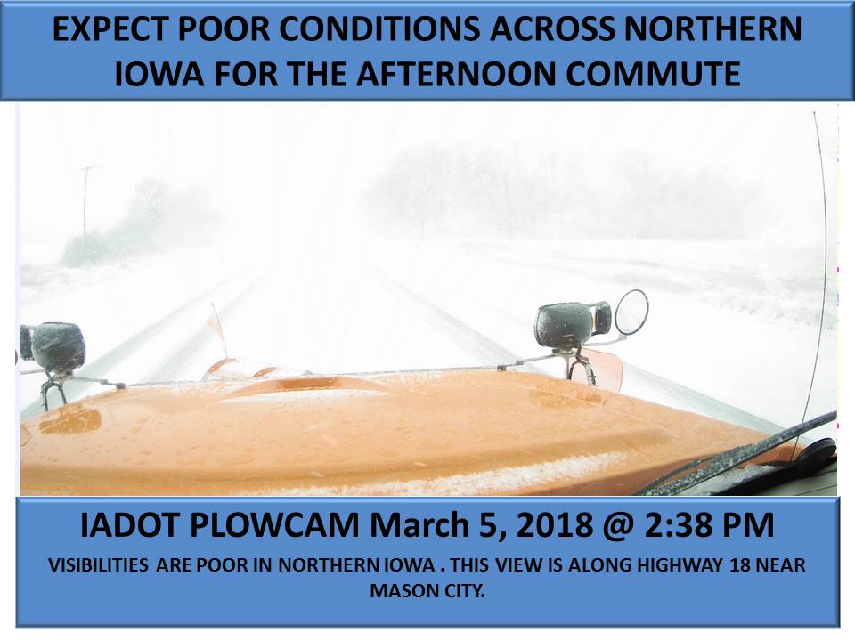NWSDesMoines's tweet photo. Heavy snow falling across northern Iowa. Slow down and be prepared for poor driving conditions through the evening commute. https://t.co/Ava2L788cU