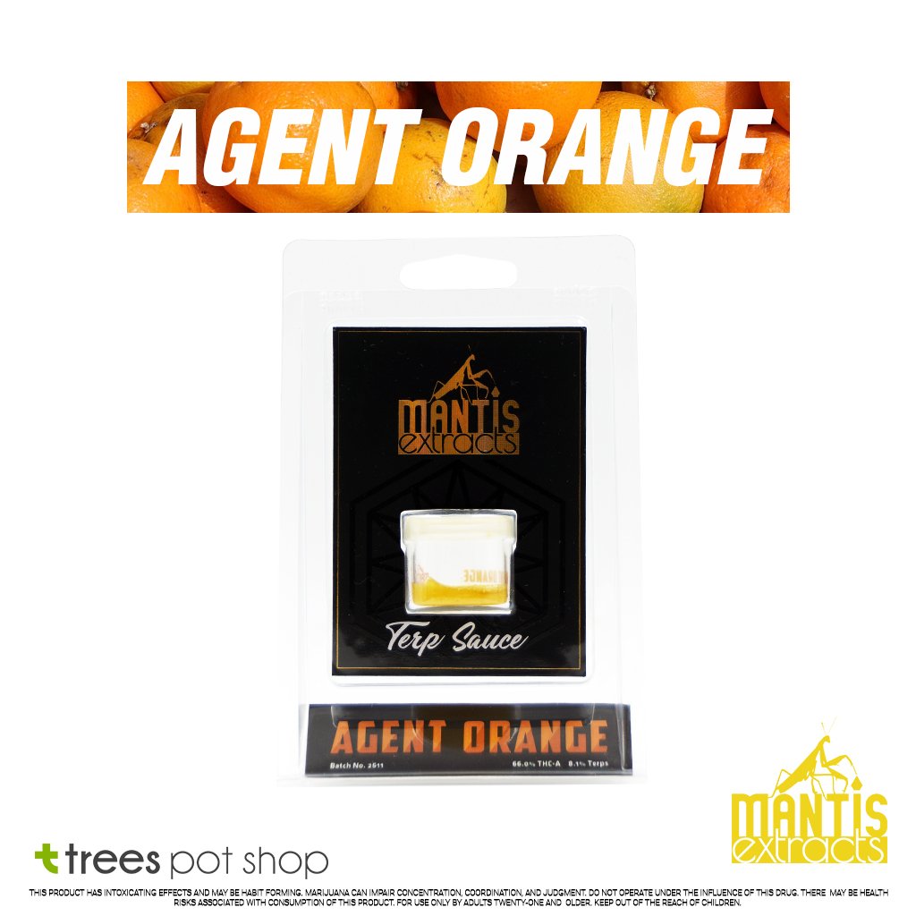 It's all about that flavor with Agent Orange Terp Sauce by <a href="/MantisExtracts/">Mantis Extracts</a>.  This Sativa dominant strain has a happy &amp; energetic high.  The extra terpenes give off a sweet orange flavor!
#MantisExtracts #Mantis #Marijuana #Cannabis #AgentOrange #TreesPotShop #Seattle