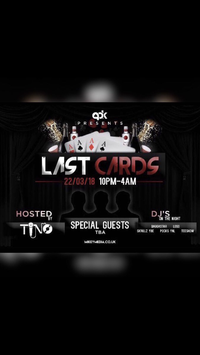 Ella_promo's tweet photo. #LASTCARDS🙌🏾🃏💃🏾
Only 5 DJs But This Line Up Is POWERFUL🎉🚨
♠  @DJDaggastar 
♥️  @DJSkrillzYBE 
♣  @_DJLoso 
♦  @PocksYNL 
🎴  @DJTEESHOW 
🀄HOSTED BY  @MC_Tino 
🃏https://t.co/yXAK8OYpyO
(Brought To You By @AOKGROUP_) https://t.co/amhovovYEV