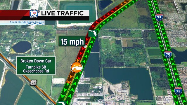 Broken down car on Turnpike SB approaching Okeechobee Rd #traffic https://t.co/F0JACwfVNh