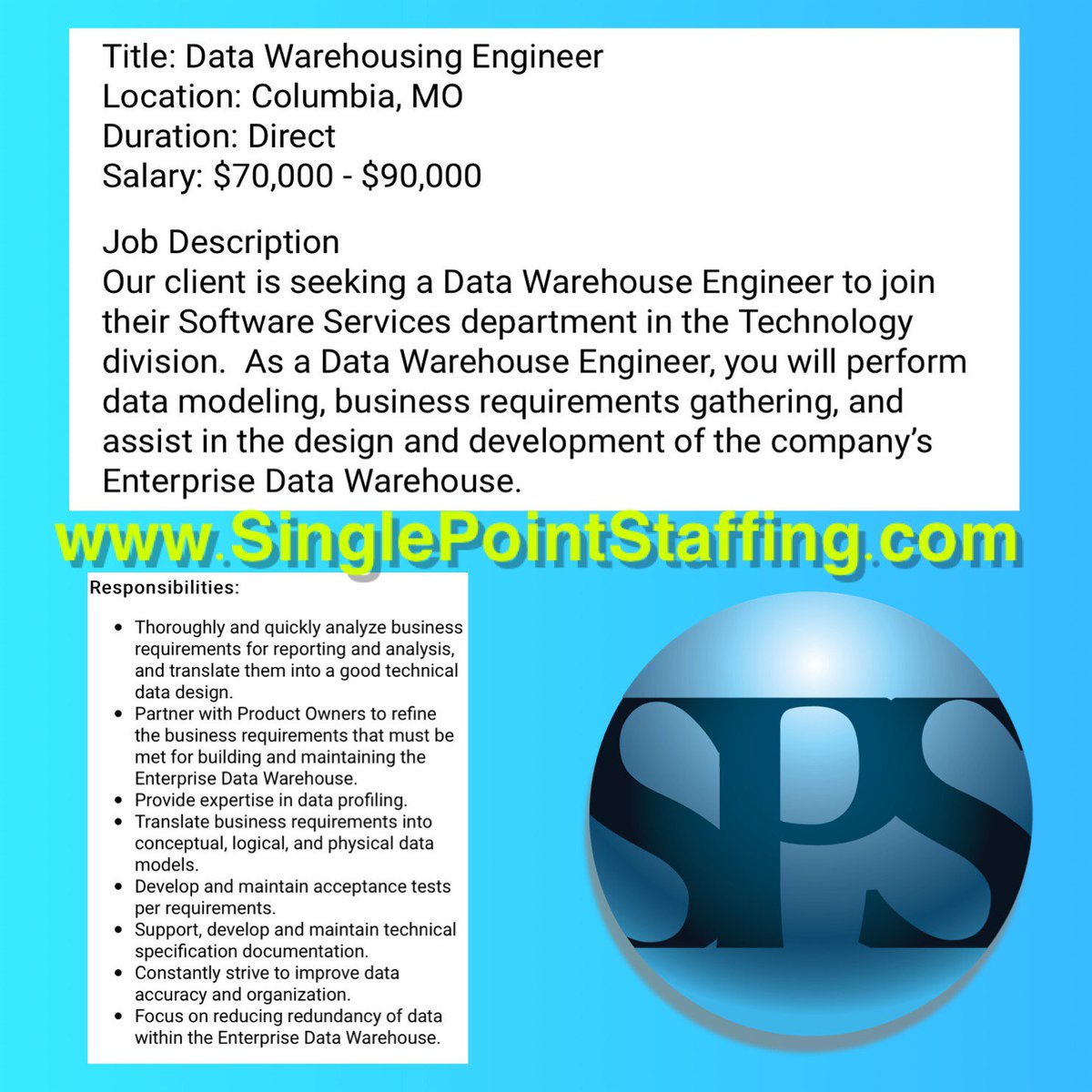 TheSinglePoint's tweet photo. Here's a great Data Warehousing Engineer #job: #Tech #career in Columbia, #Missouri. #Job requires #Tableau, #Powerpoint, #SSIS &amp; #SQL experience. #Apply here:  https://t.co/UzlslfNXPk https://t.co/pvoKTvrEH1