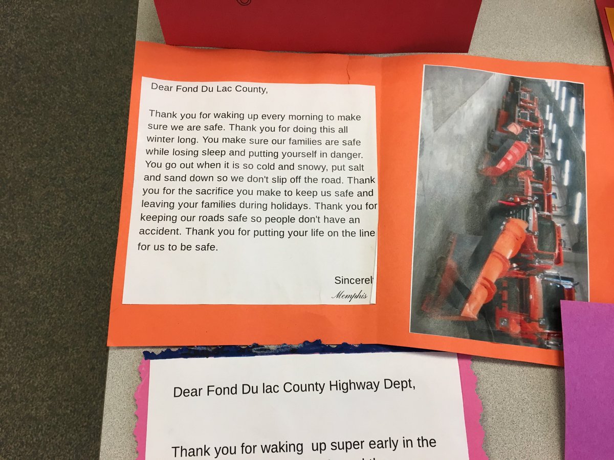 fdlcounty's tweet photo. The Highway Department received many well wishes from the students at @mpqripon.

We're so touched by your acts of kindness. We'll continue to spread your great message and throw our own "kindness boomerangs" out to everyone while we're plowing and salting tonight and tomorrow. https://t.co/jO6hU7uvVG