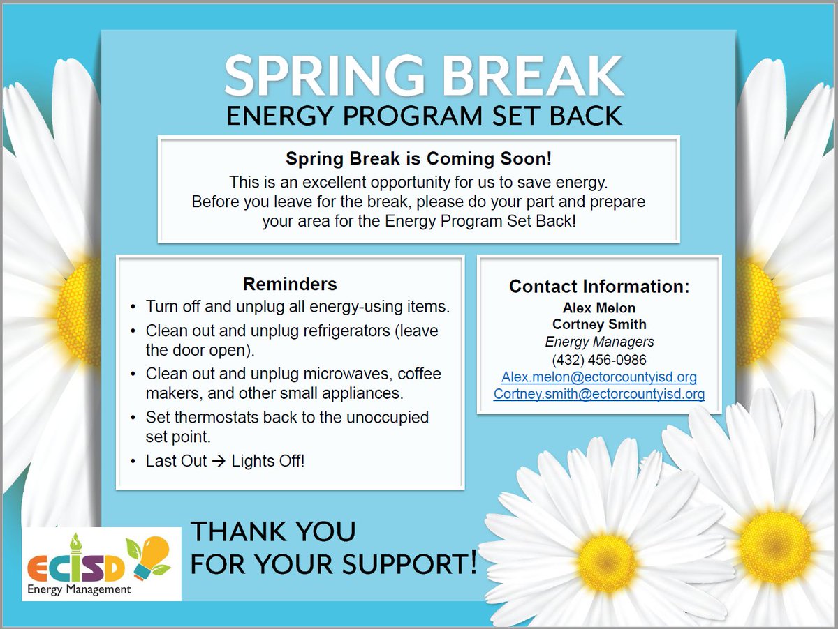 Energy_ECISD's tweet photo. Spring Break is right around the corner!  #EnergyConservation #Setback https://t.co/wJx7kthQ5e
