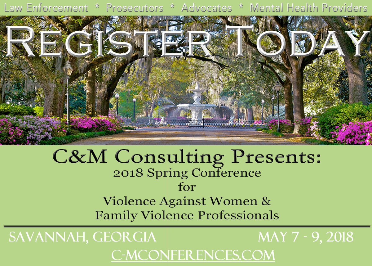 DVGuruMertz's tweet photo. Registration is open for the C&amp;M Spring Conference for #familyviolence and Violence Against Women professionals. Join us in #Savannah May 7th-9th. Register at https://t.co/SeVIsTXq3A  #EndDomesticViolence #SexualAssault https://t.co/kDXn1rSUpB