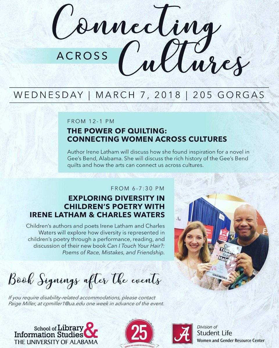 UAAAUW's tweet photo. Connecting Across Cultures will be this Wednesday March 7th! This event will be in Gorgas 205 starting with The Power of Quilting from 12-1pm and Exploring Diversity in Children’s Poetry from 6-7:30pm. Book signings will be held after both events and We hope to see you all there! https://t.co/pe0VJh8kFn