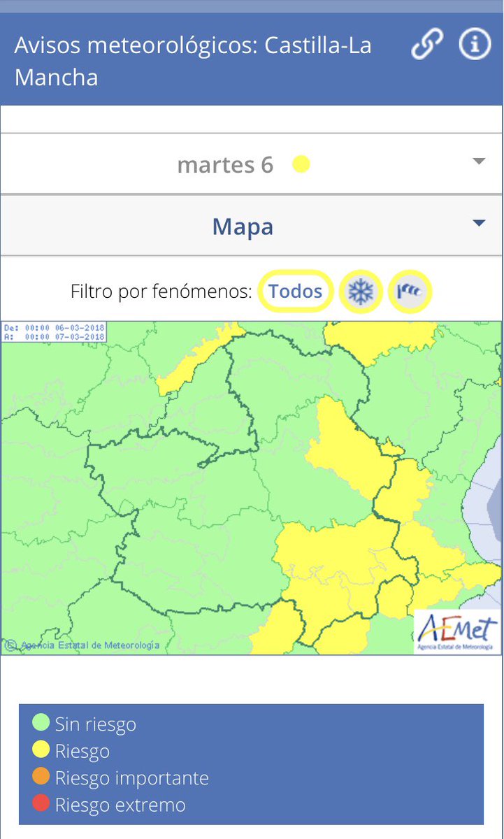 PLVillarrobledo's tweet photo. #PLVdo informa, gracias a @AEMET_CLaMancha, de fenómenos meteorológicos adversos para mañana Martes día 06 de Marzo en la ciudad. AVISO AMARILLO https://t.co/ebAFjxr1Ie