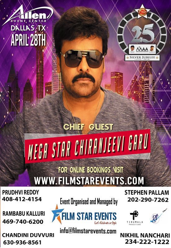 cduvvuri's tweet photo. #MaaSilverJubileeCelebrations #FirstLookPoster #Dallas 2018 by #FilmStarEvents @OfficialPrudhvi #SciftDigitalMedia @ events unlimited @cduvvuri #MegastarChiranjeeviGaru @KonidelaPro @actorsrikanth @sivajiraju13 @vamsikaka @ipravallika @Telugu360 @idlebraindotcom @greatandhranews https://t.co/krCjA3pIwB