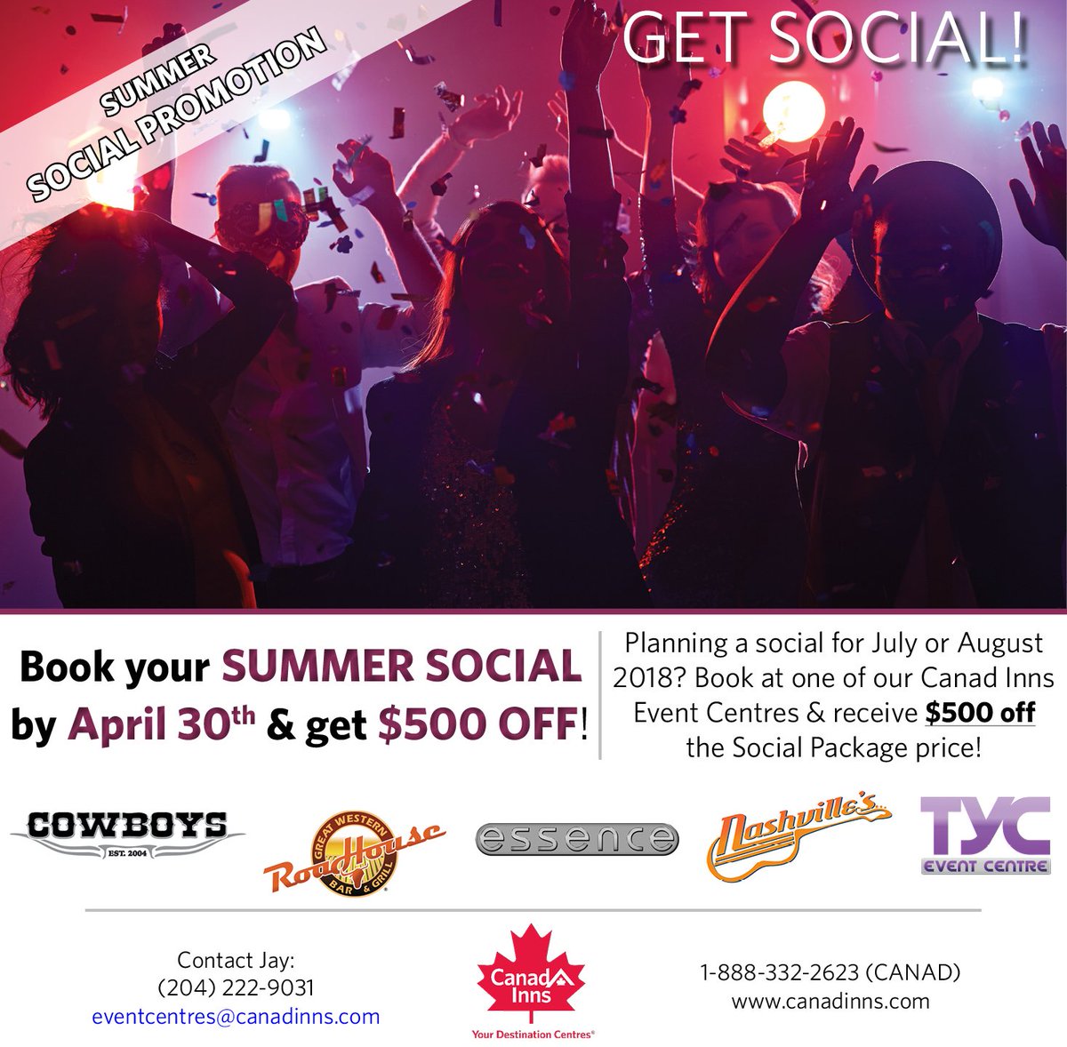 CanadInns's tweet image. Have you recently gotten engaged? 💍 If you&apos;re planning a summer social 🎉 we have just the deal for you! Get $500 OFF when you book your social at a Canad Inns Event Centre ➡️ @NashvillesWPG @GWRoadhouse @therealTYC @essence_wpg @CowboysVip Book before April 30th.