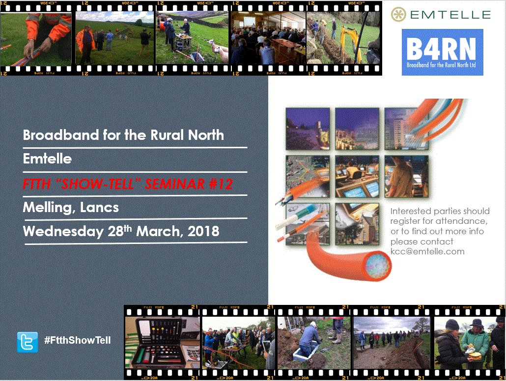 Only 3 weeks left to register for next #FTTHShowTell event. Come, learn (+volunteer, if you like) from #B4RN #CommunityBroadband, featuring @EMTELLE duct and fibre, how they built a DIY #OpticalFibre #RuralBroadband network. Previous attendees, tell us what you think.