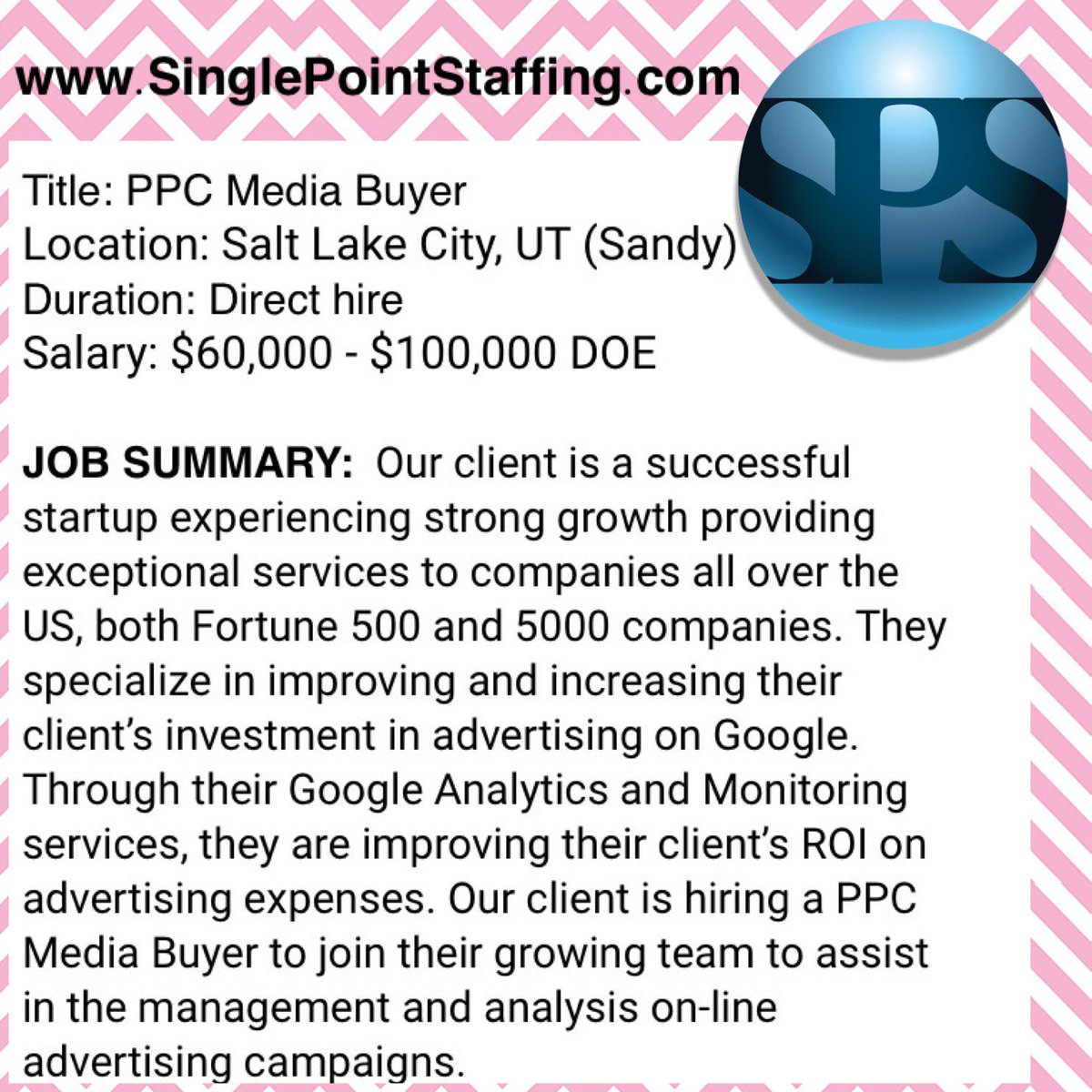 TheSinglePoint's tweet photo. PPC Media Buyer #job: #Hiring in #Utah. #Tech #career requires #GDN &amp; #Adwords skills. Here's a link to the full ad &amp; how to #apply:  https://t.co/UzlslfNXPk https://t.co/qVvkBs7FZl