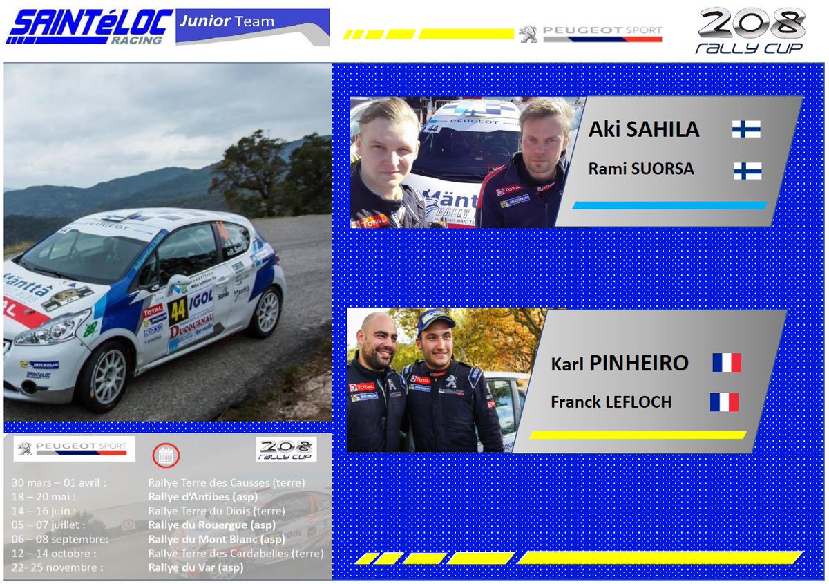 SaintelocRacing's tweet photo. @peugeotsport @CFRallye  happy to announce our drivers line-up for @208RallyCup  with @AkiSahila @RamiSu # Karl Pinheiro &amp; Franck Lefloch https://t.co/0fNgaNDG4d