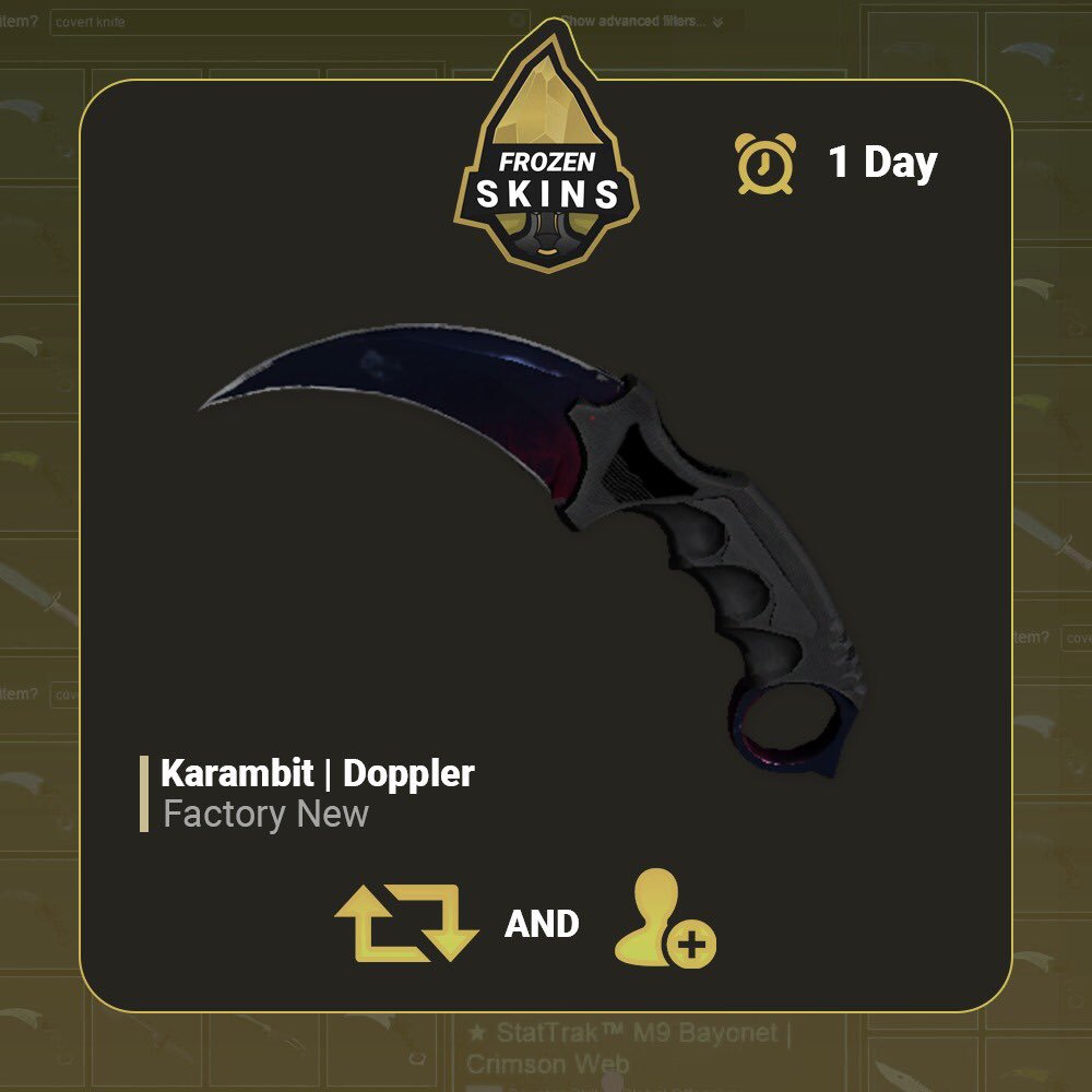 FrozenSkins's tweet photo. 🏵Karambit | Doppler

❄️Retweet
❄️Follow
❄️Tag a friend
❄️Whats your favorite food?

🌨Ends in 3Days (mistake on pic) , best of luck! https://t.co/mNnd6KGhSa