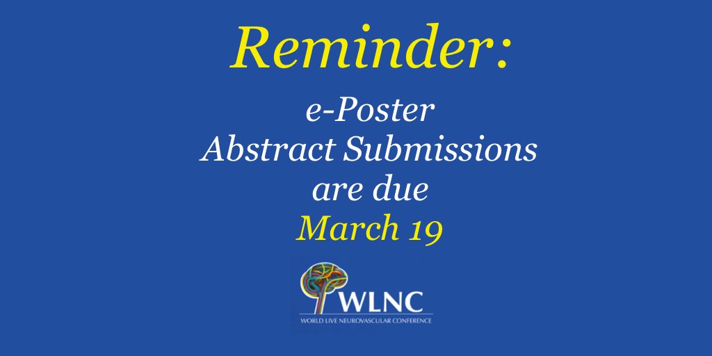 WLNCofficial's tweet photo. Reminder: Submit your e-Poster abstracts by March 19! Accepted e-posters will be shown during WLNC 2018, April 25-27 in Kobe, Japan. Topics: Aneurysm, Vascular malformations, Stroke, Experimental, &amp; Misc. https://t.co/QdS1pdObCE #neuro #nuerology #medevents #mededucation https://t.co/Jxv8cgaA4v