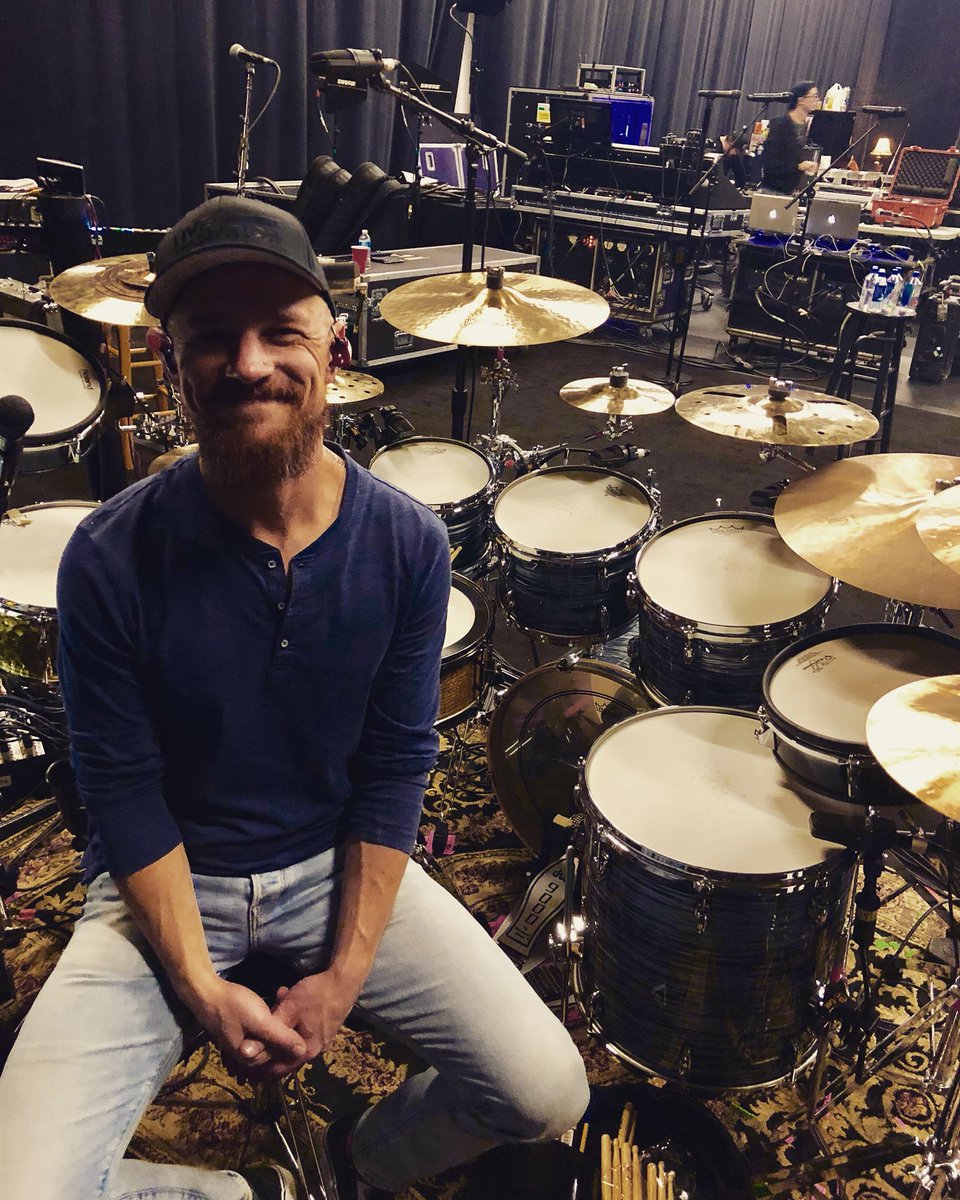 drummerer's tweet photo. Wrinkles and dimples and drums, oh my! Back to work with @ThomasRhett the same day as we celly his 10th number one song! Congrats on all, TR, including this stunning picture of me. 🤪 #celly #drums #wrinkles #dimples #marryme https://t.co/9AIoxjx0Jf