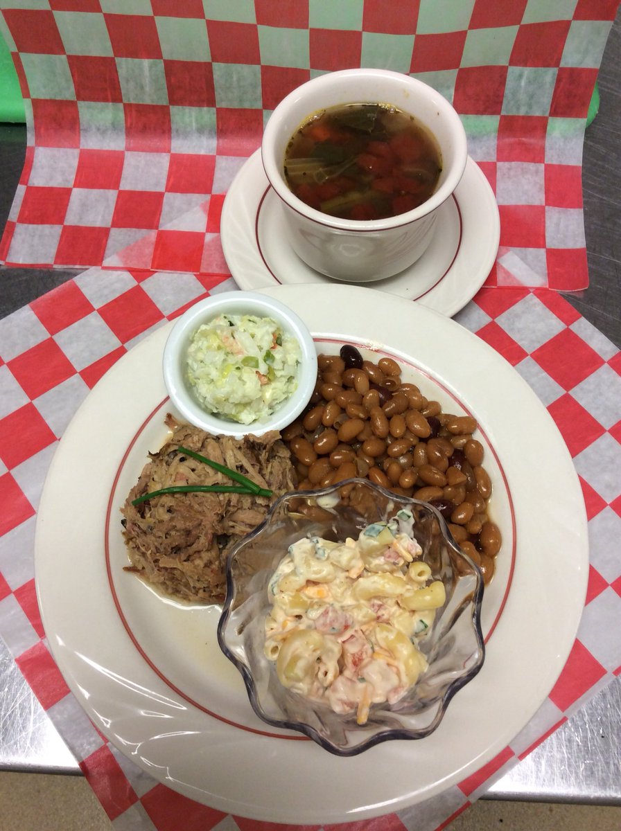 CedarCreekHC's tweet photo. Southern comfort food today. Hand pulled pork, creamy coleslaw, savory baked beans, pasta salad, and to start warm and delightful vegetable soup. https://t.co/TJdVjxZi7T