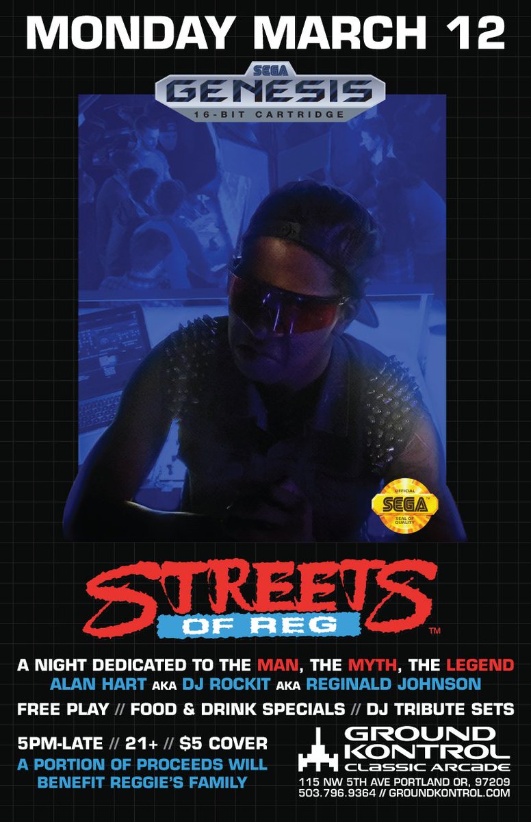 GroundKontrol's tweet photo. Ground Kontrol lost someone incredibly important to us recently: our friend, DJ, and staff member, Reginald Johnson. Next Monday (3/12), help us celebrate the impact he had on all of us with a special night dedicated to him at Ground Kontrol. RSVP here: https://t.co/FsIljhIJ37 💜 https://t.co/y3rSvG2qNY