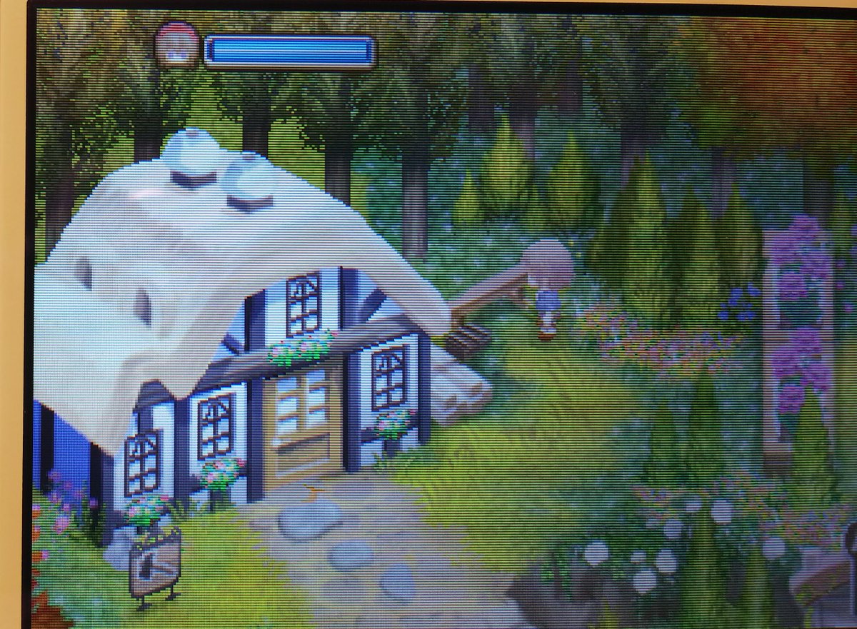 트위터의 姉妹のマイクラ生活 님 牧場物語 ふたごの村 建築第２弾 アイリンの家 屋根の角度を付けたら壁の上部が巨大化 内部はまぁこんな物として 周りの装飾がやっぱりネック マイクラ マインクラフト Minecraft