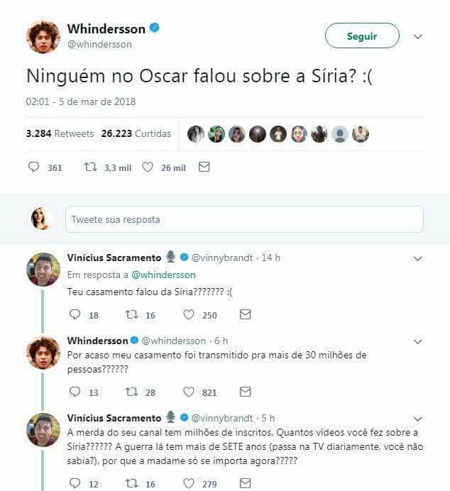 bchartsnet's tweet photo. Tweet informativo, sem intenção de exposição: Preocupado e genuíno youtuber @Whindersson reclama da falta de menção à guerra na Síria (que já dura 7 anos) no Oscar, é exposto e apaga tweets, mas nós trazemos os prints pra vocês. https://t.co/NOmoyLNXy8 https://t.co/ZVQWRfxog9