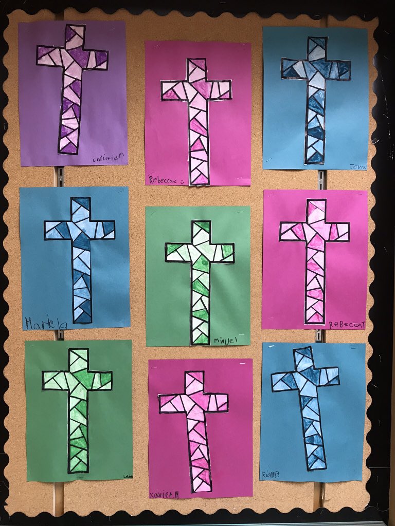 FDK101Valentine's tweet image. Our crosses are complete! Such beautiful tints of pink, purple, green and blue! ✝️💙💚💗#Lent #EasterColours #ElementsOfDesign @ValentineDPCDSB