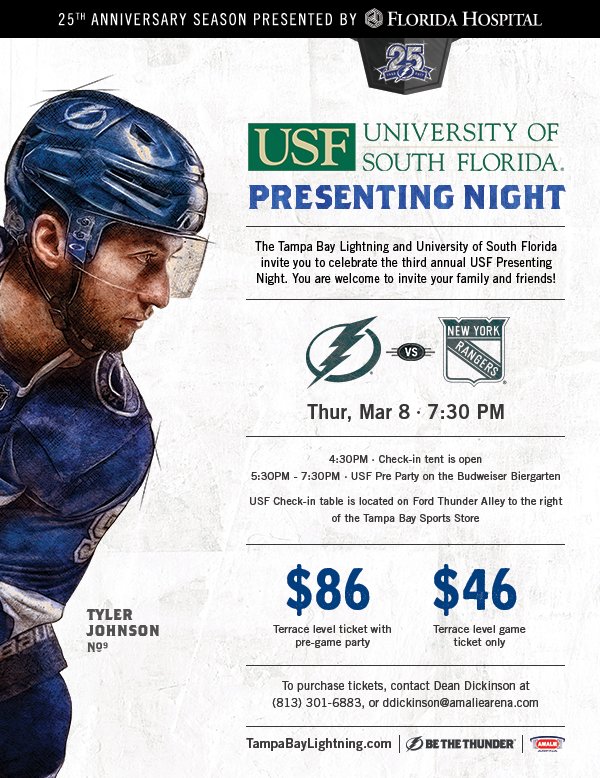 USouthFlorida's tweet photo. Come celebrate #TeamTampaBay with our partner, @TBLightning on Thursday, March 8 at 7:30 PM! ⚡️🤘
#USFNight https://t.co/I5vLd4gMJ9